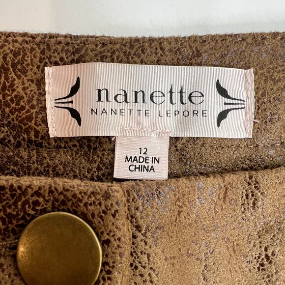 Nanette Lepore Faux Suede Leather Pant Womens 12 Mocha Brown Distressed Stretch - Picture 7 of 12